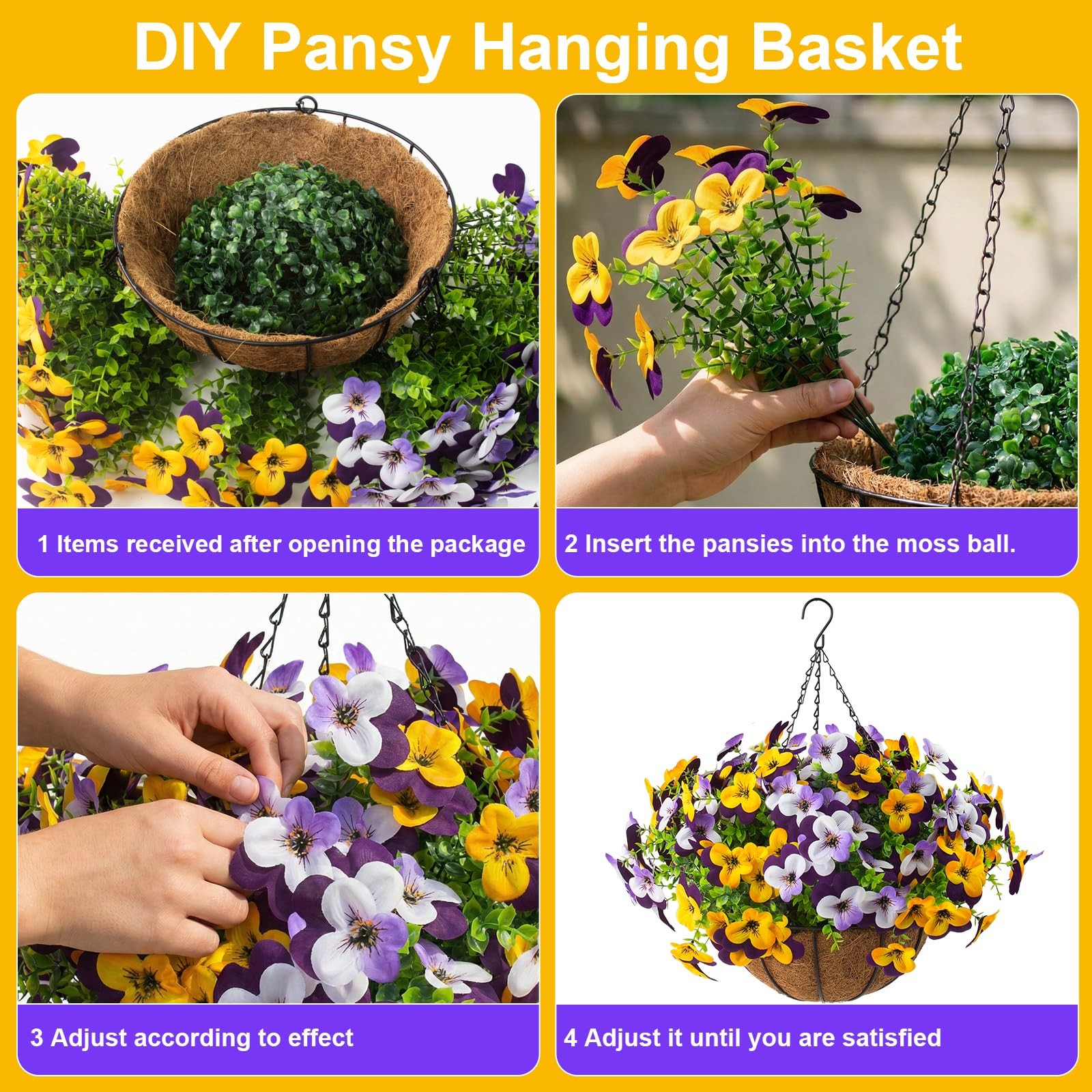 2 Set Artificial Outdoor Pansy Flowers with Hanging Baskets, 2 Hanging Basket…