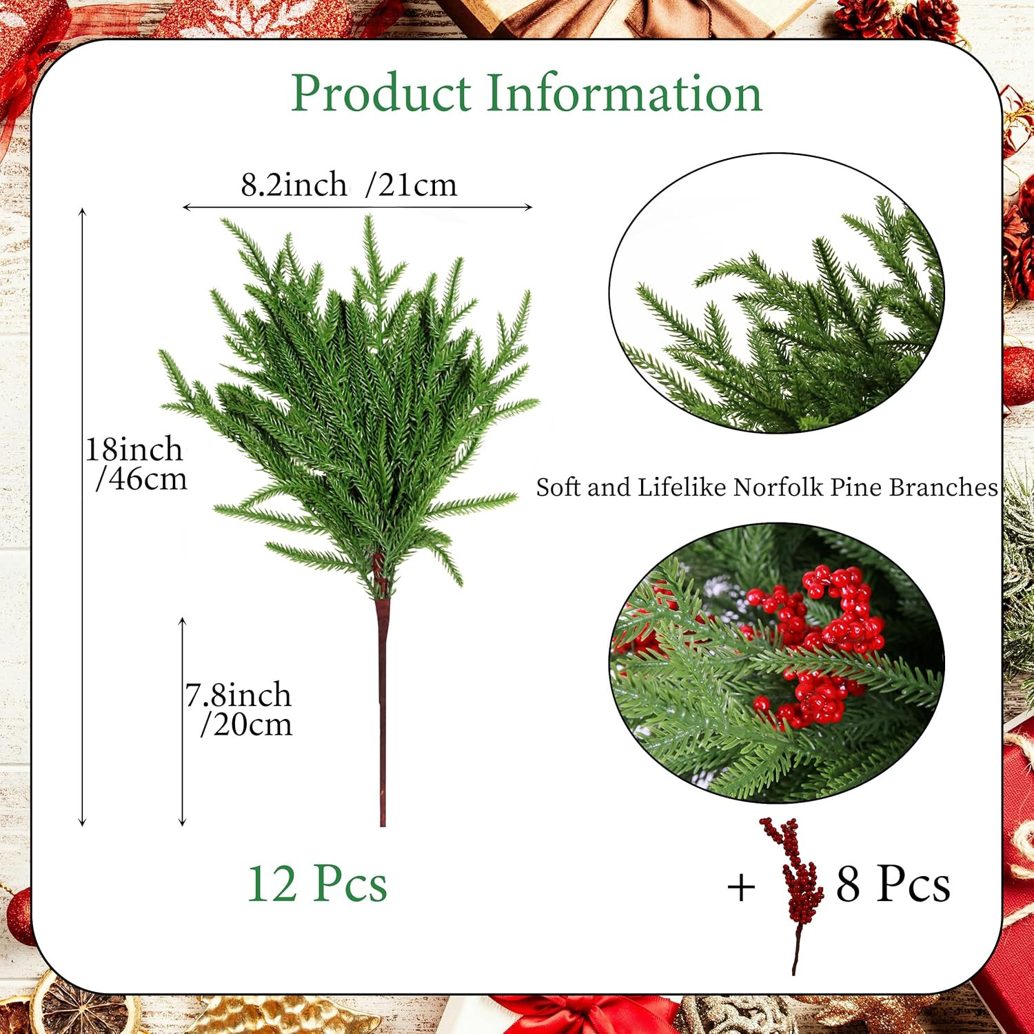 12 Pcs Artificial Norfolk Pine Branches with 8PCS Red Fruits 18″ Plastic Christm