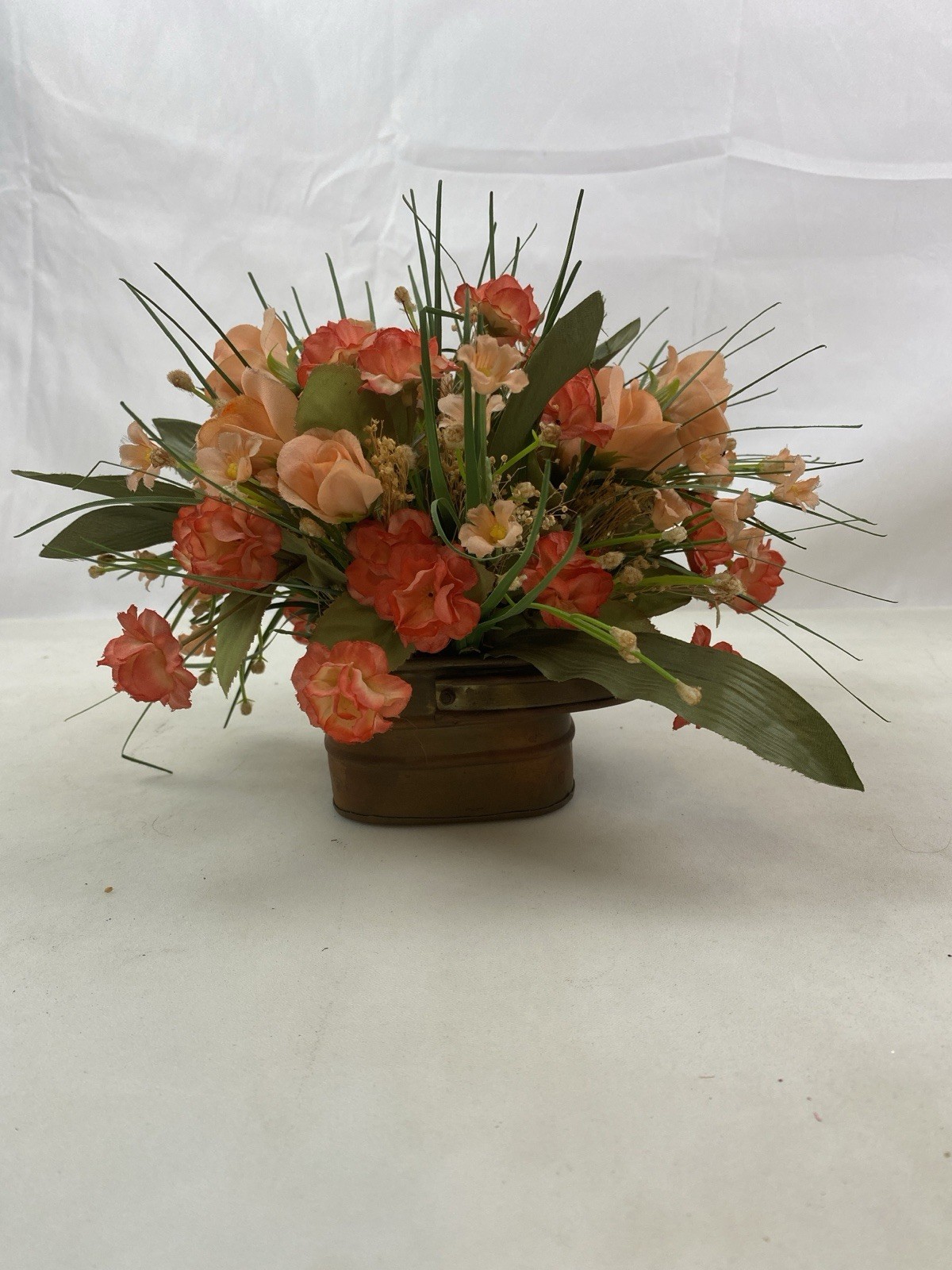 Silk Floral Arrangement Antiqued Small Brass Basket With Faux Flowers