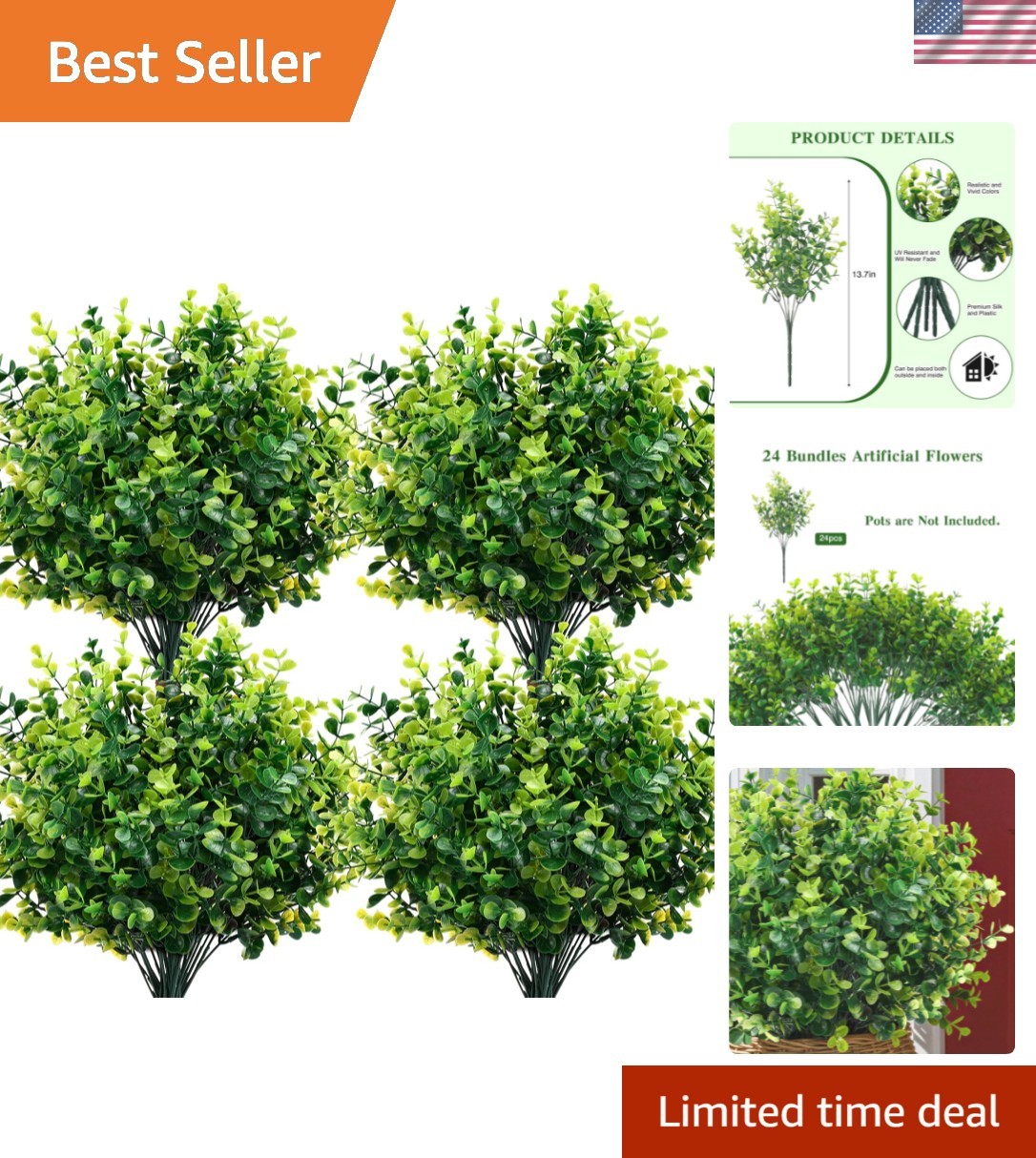 24-Pack UV Resistant Artificial Boxwood Stems for Elegant Indoor/Outdoor Decor