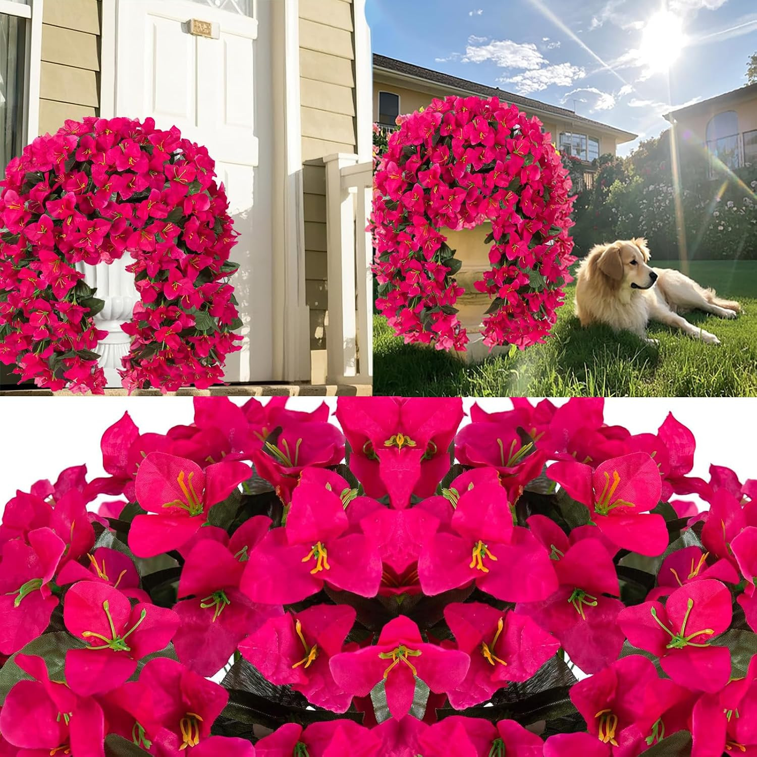 4Pc UV Resistant Bougainvillea Faux Flowers for Outdoor Decor – Rose Red