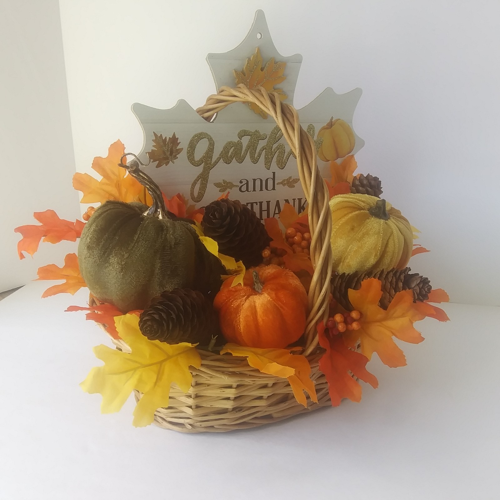 Fall Harvest Basket Centerpiece Gather & Give Thanks Pumpkins Pinecones Decor
