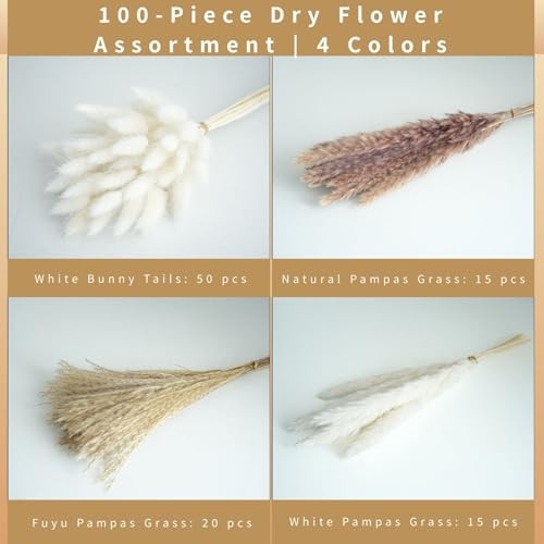 100 Pcs Natural Dried Pampas Grass & White Bunny Tails, 17″ Fluffy 100PCS-White