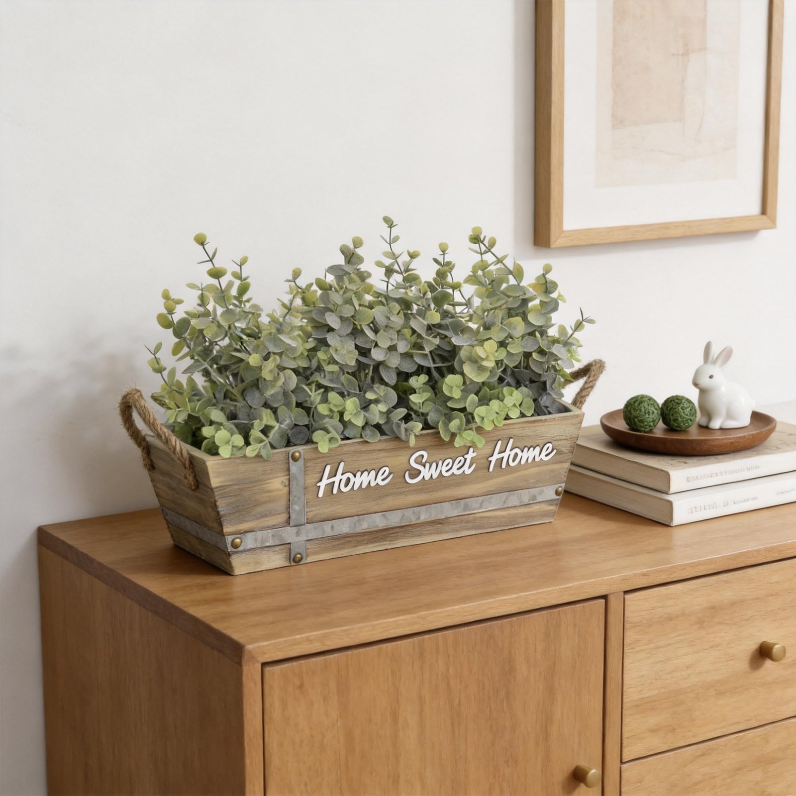 Wood Box Artificial Eucalyptus Centerpiece Home Sweet Home Sign Jute Handles