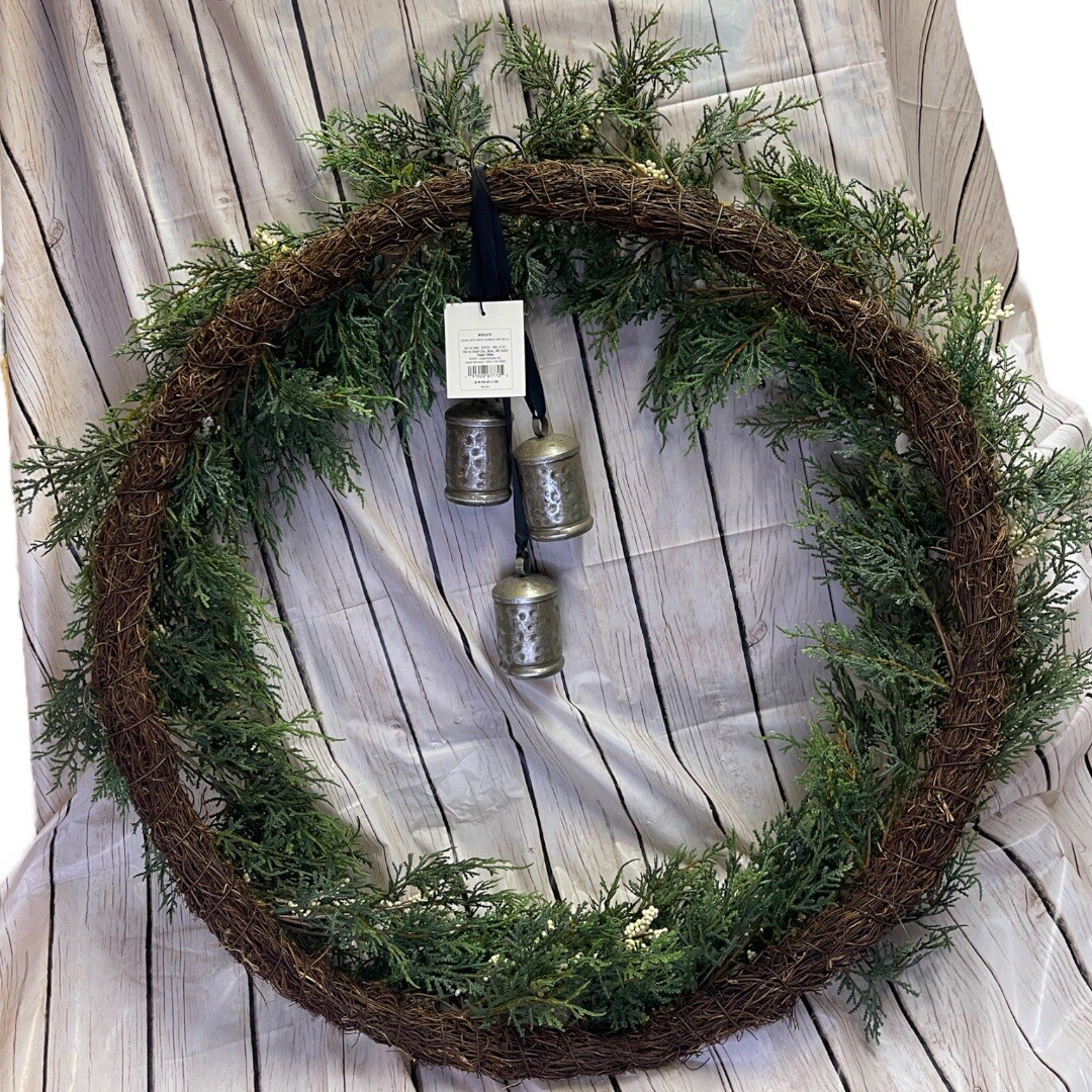 32″ Faux Cedar Plant Wreath with White Berries and Bells – Hearth & Hand with Ma
