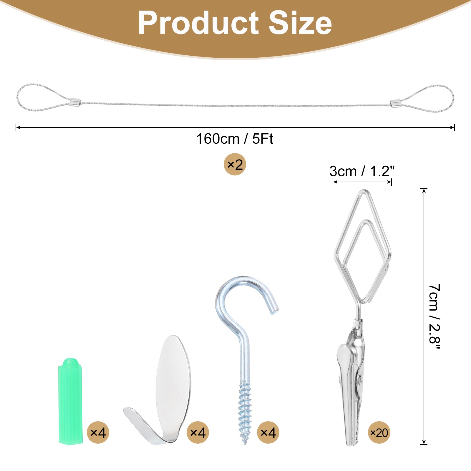 2pcs Wall Hanging Photo Display Cable Wire Rod with 20 Rhombus Clips, Silver,5Ft