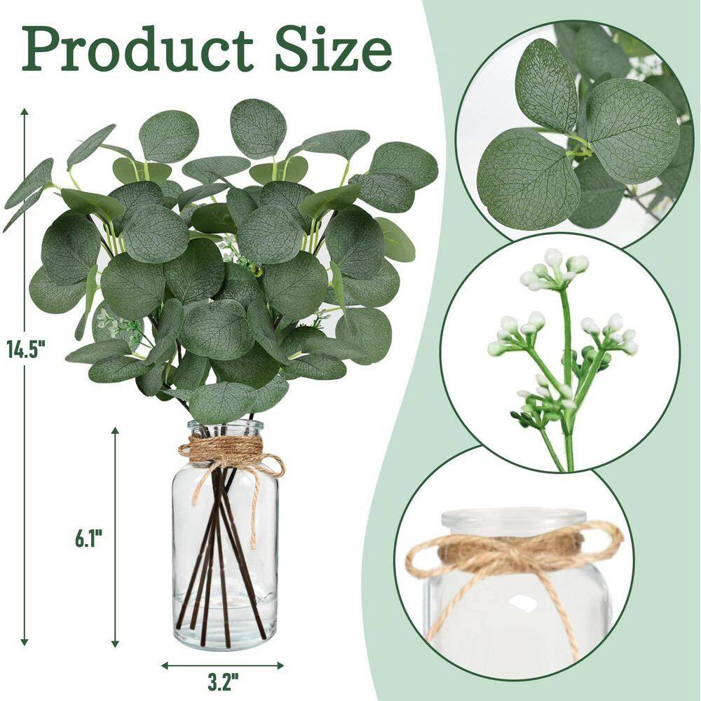 14 In. Green Artificial Eucalyptus Branch Stem 6Pcs Faux Leaf Plant in Glass Vas
