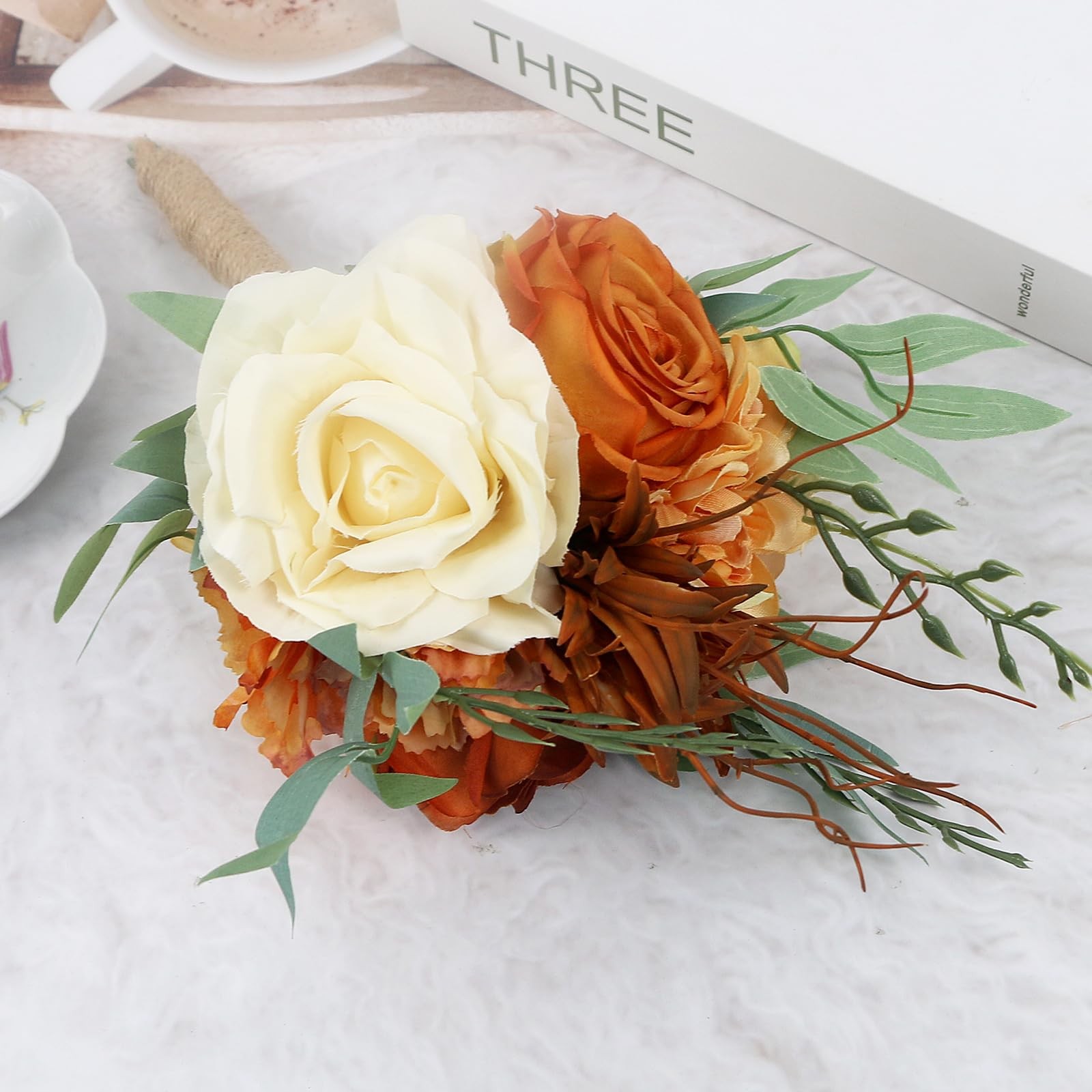4 PCS 7 Inch Burnt Orange Artificial Flowers Bridesmaid Bouquet Wedding Decor