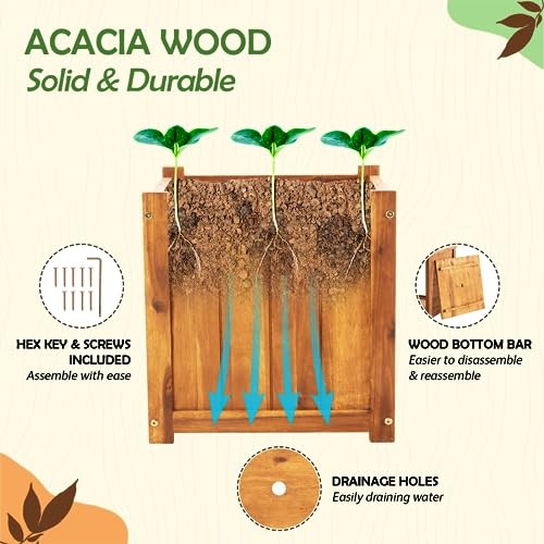 Hardwood Outdoor Flower Box, Durable Acacia Wood Flower Boxes Square Natural