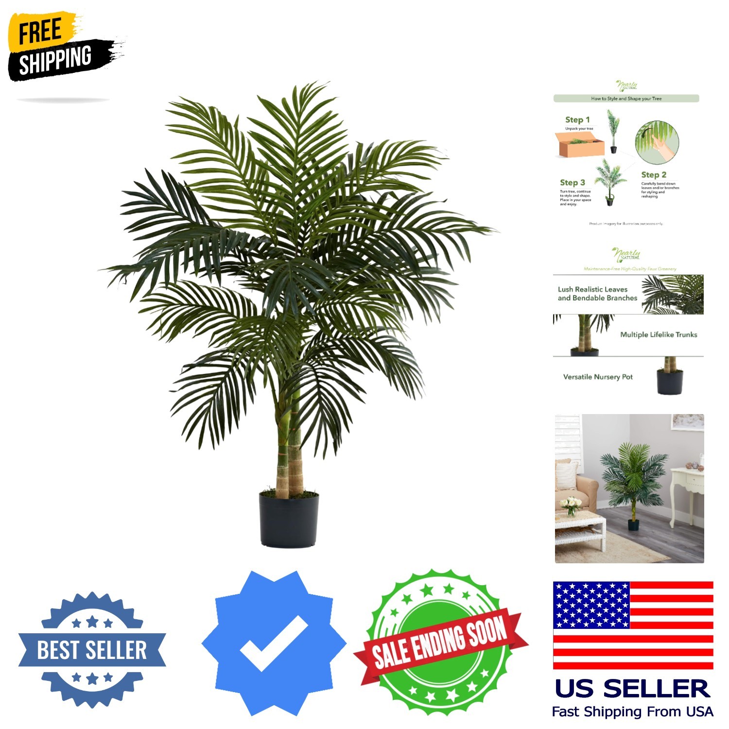 4 ft Artificial Golden Cane Palm Tree with Nursery Pot | Double-Stalk, Lush R…