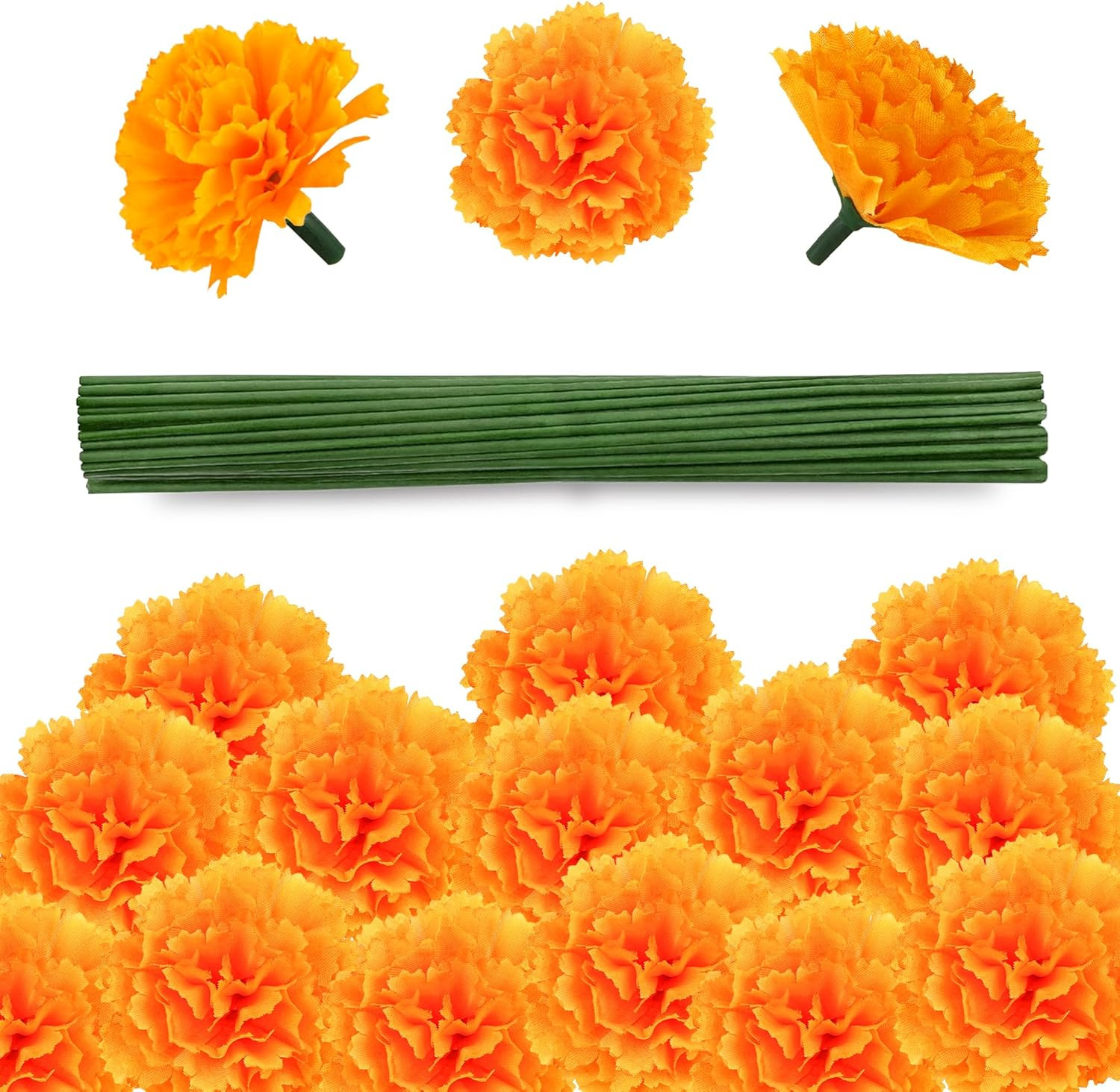 50 Pcs Artificial Marigold Flowers,2″ Silk Marigold Flower Heads with Stems,Oran