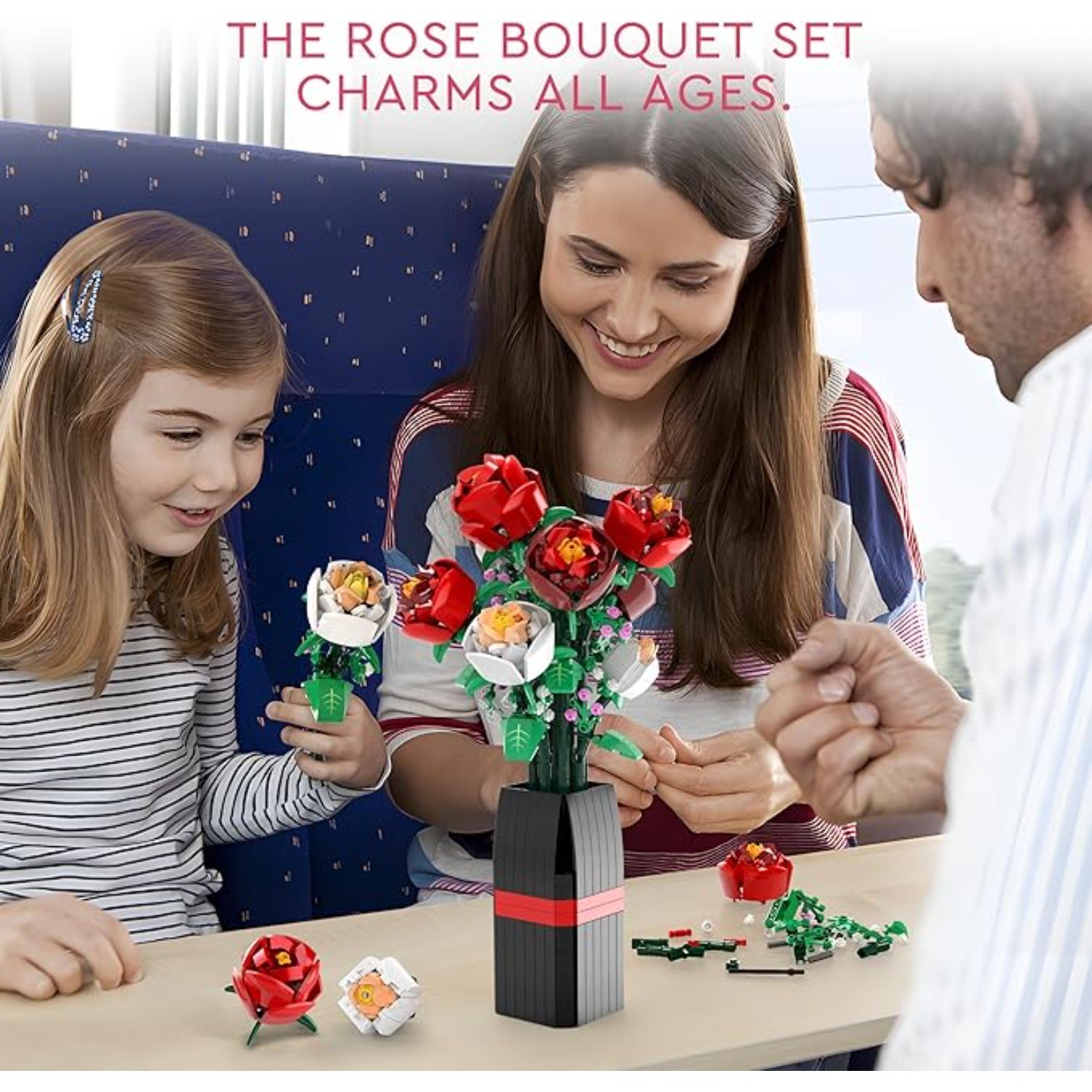Flowers Bouquet Building Decoration Set with Vase, Gift for Women Girls Boys