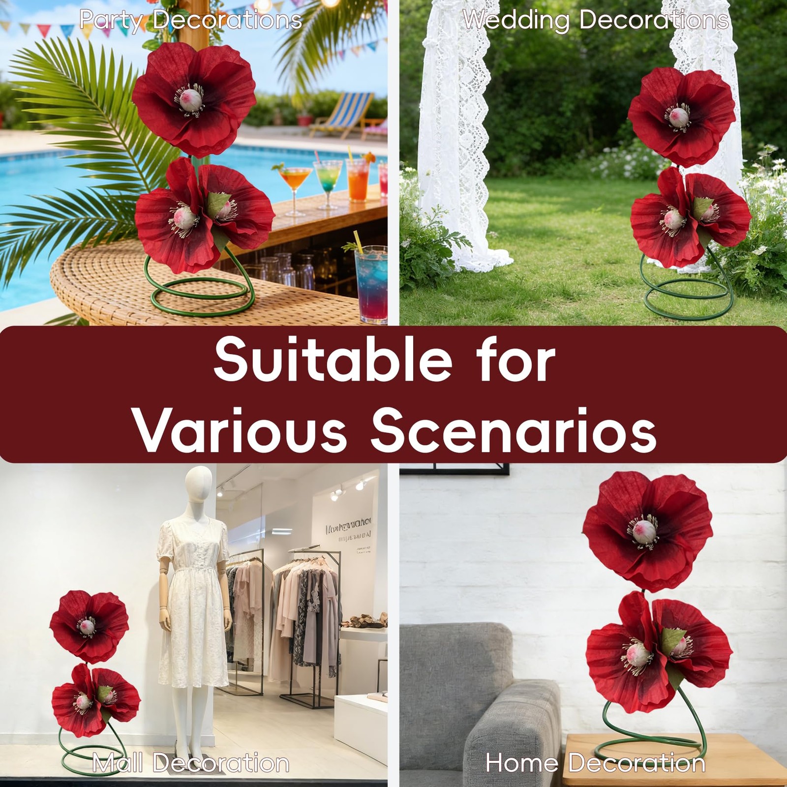 Giant Red Poppy Artificial Flowers – 3 Realistic Large Fake Flowers Decoratio…