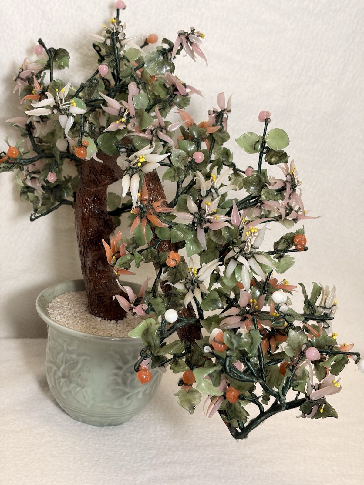 Large Vintage Jade Bonsai Flower Tree in Ceramic Pot Green Pink Faux Plant