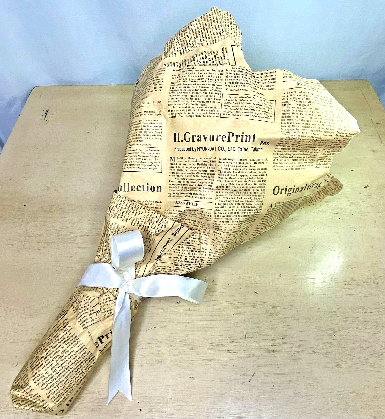 Handmade Rose Bouquet Bandana Wrap Blue Red Roses Vintage Newspaper Replica