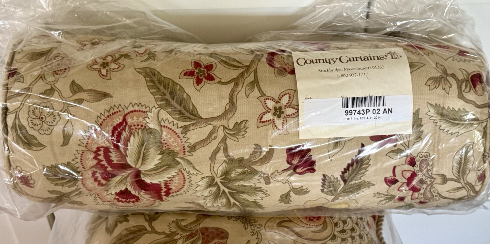 3 Country Curtains Pillows & Bolster, Fabric Floral Antique & Maroon, NEW