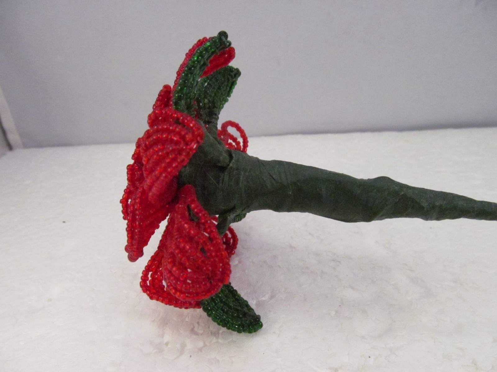 Handcrafted Red & Green French Beaded Flower with Stem Home Decor Gift 11 inch