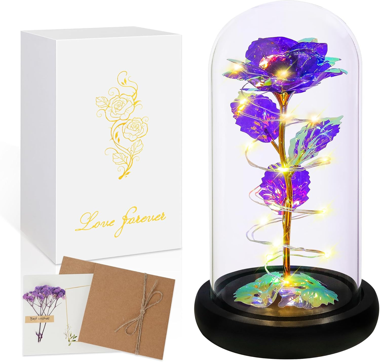 LED Purple Rose Glass Dome Gift for Her Birthday Anniversary Decor Light