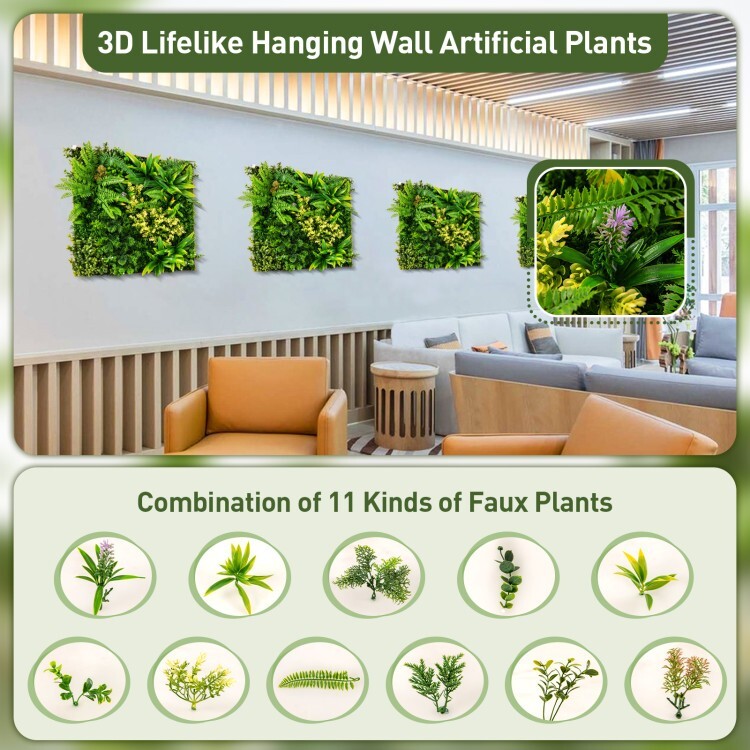 20″ x 20″ Indoor Hanging Artificial Plant Wall w/11 Types of Mixed Faux Plants