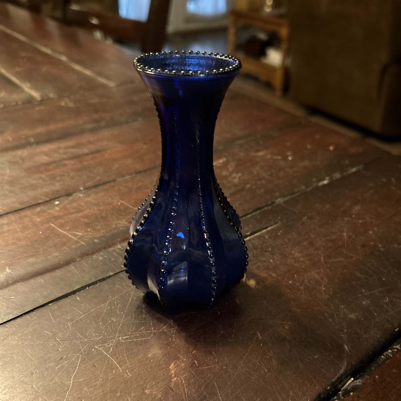 Blue Glass Vase with Decorative Tiny Vertical Glass Beading 5″