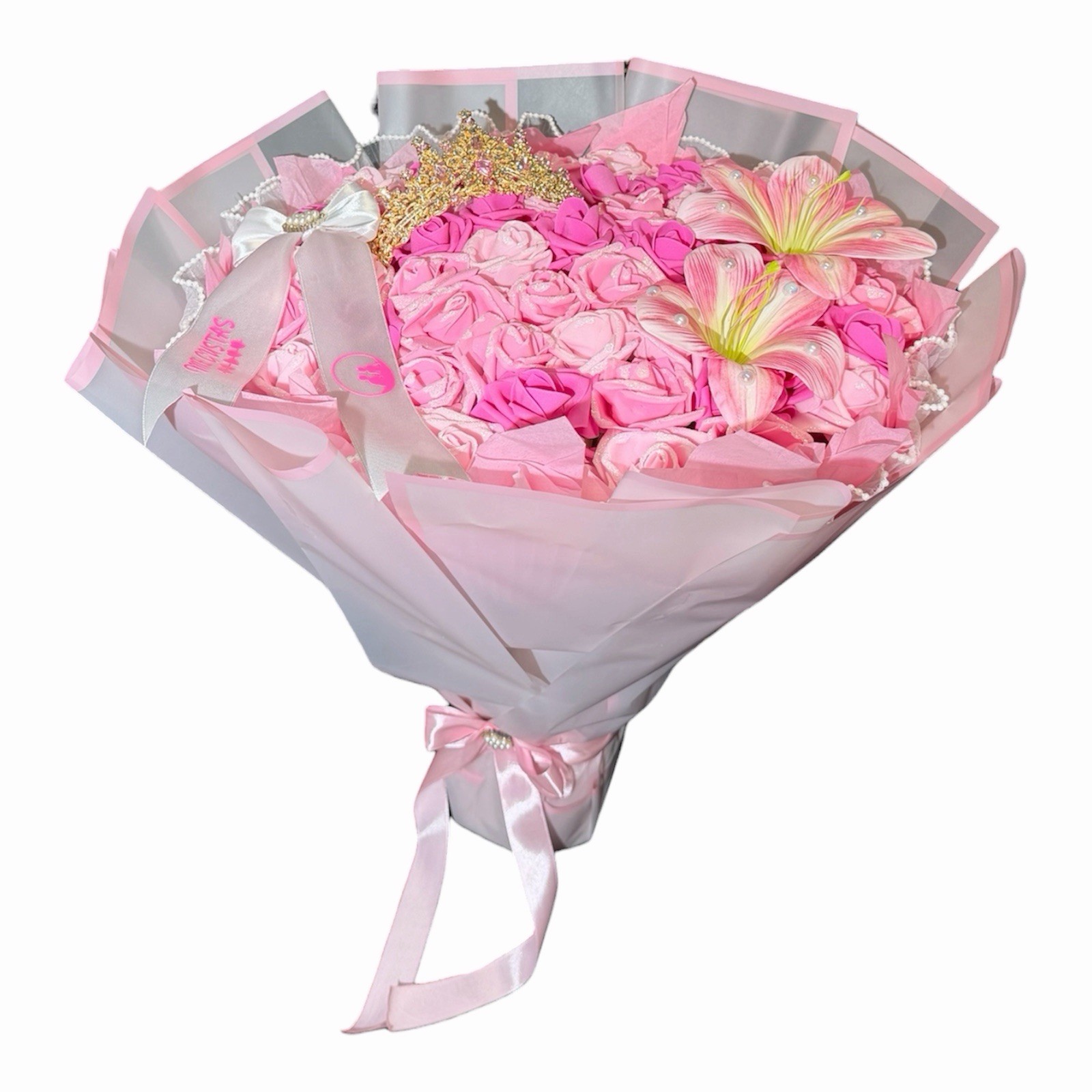 Pink Eternal Rose Bouquet with Crown & Lilies – Custom Ribbon Message Gift