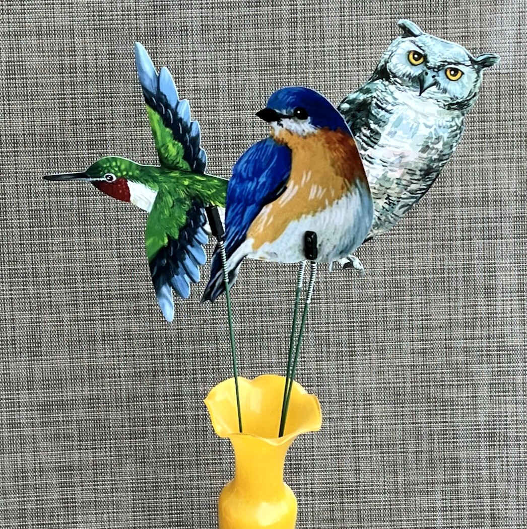 Bird Picks Lot of 3 Decorative Plastic on Wire Stems Owl, Hummingbird, Blue Bird