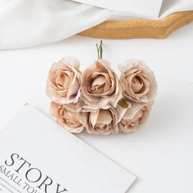 6Pcs Artificial Silk Tea Rose Mini Bouquet for Wedding Christmas Diy Home Decor