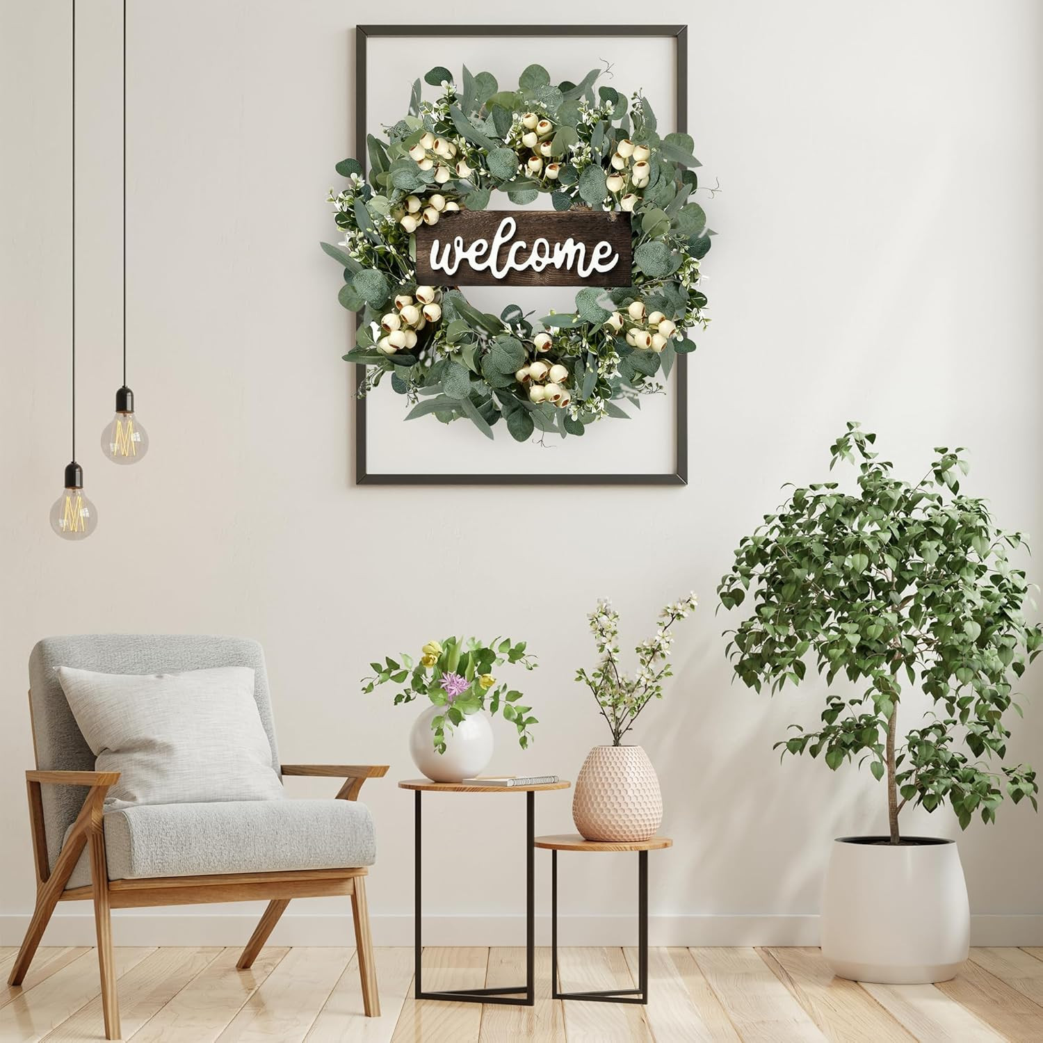 Green Artificial Eucalyptus Wreath with Welcome Sign 20In Spring Summer Wreath w