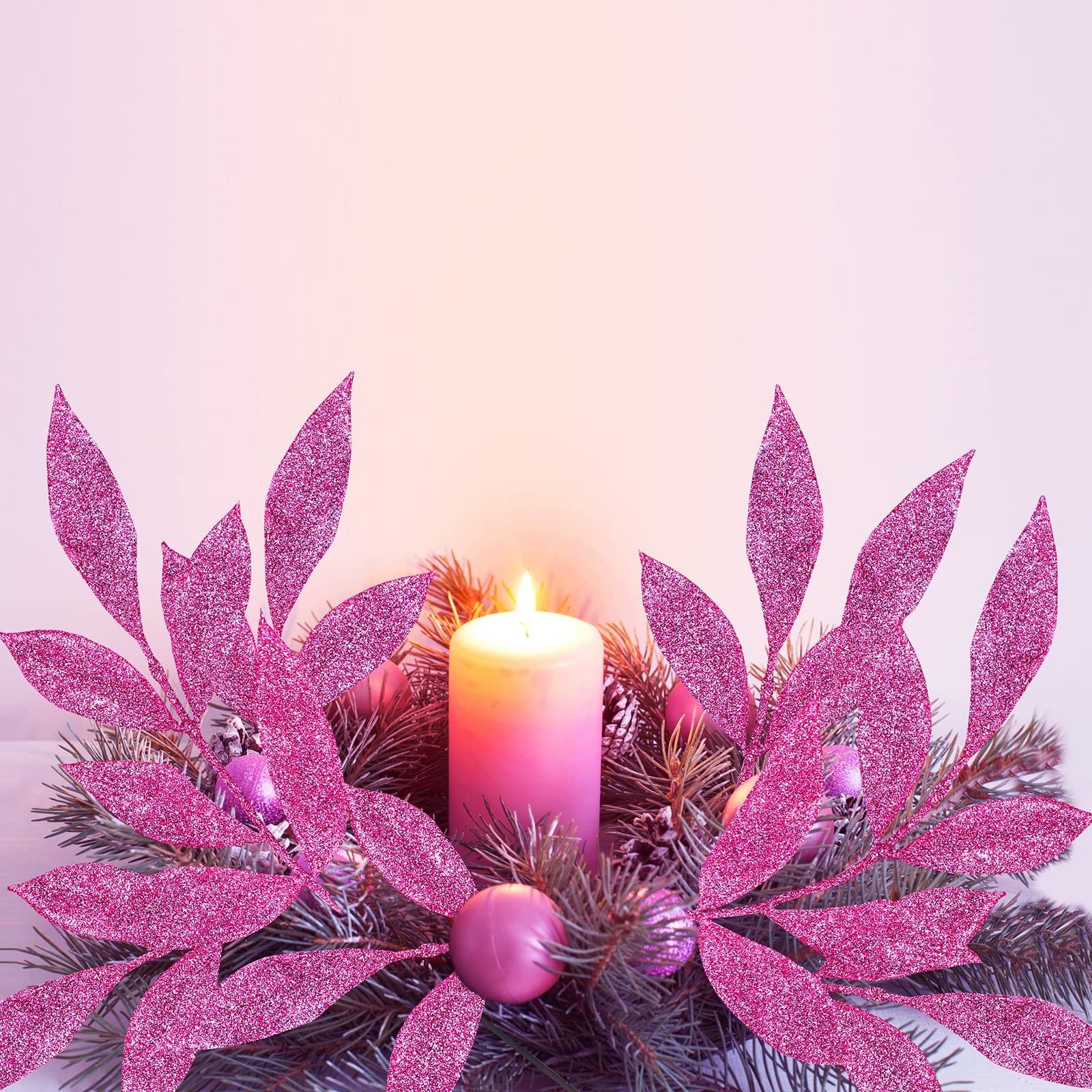 20 Pcs Pink Glitter Bay Leaf Sprays Artificial Christmas Tree Picks 12.7 Inch