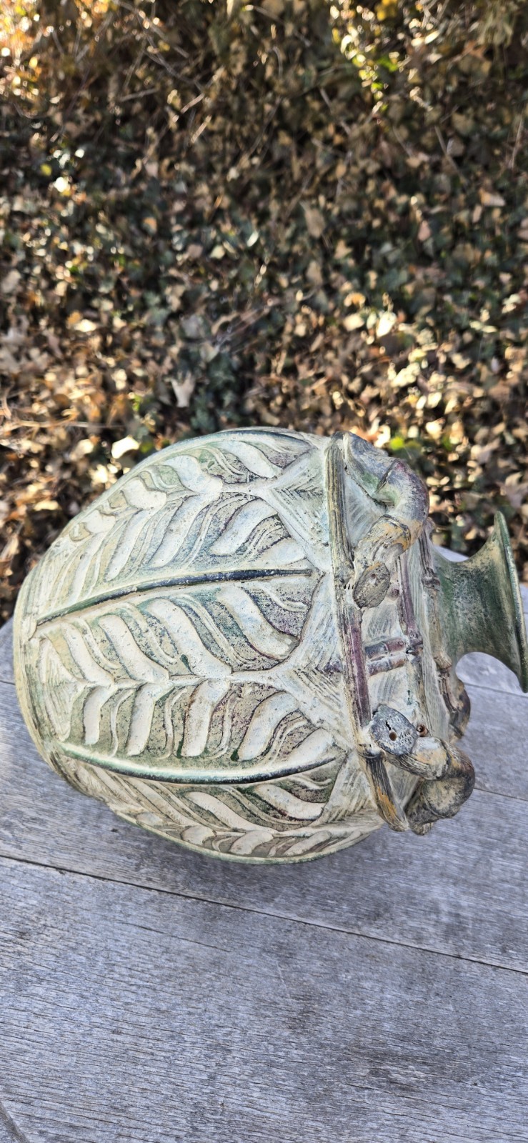 Rustic Urn Vase Earthenware Pottery Botanical Leaf Handles 12″T Brownish Green