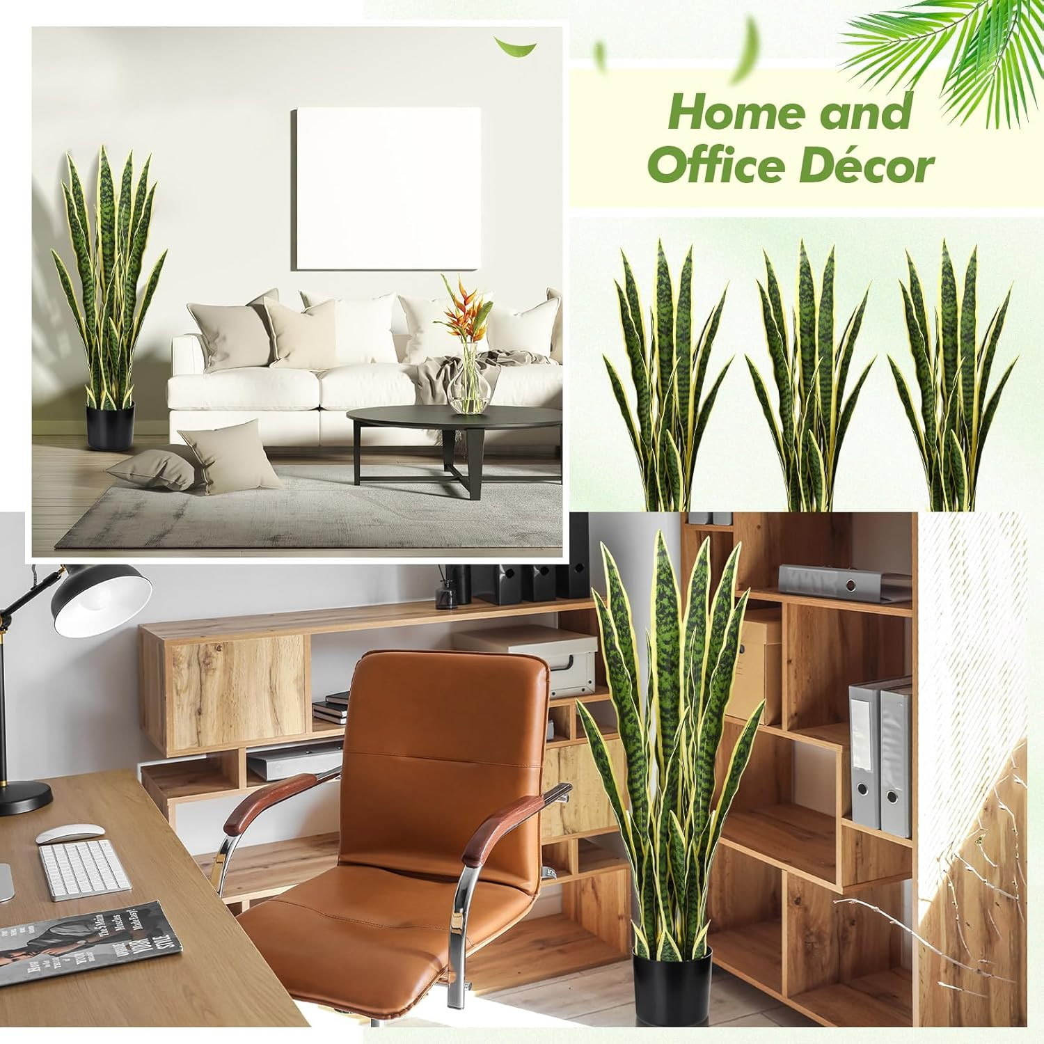 4 Pack 3.15 Ft Tall Faux Snake Plant for Home Office Decor & Gifts