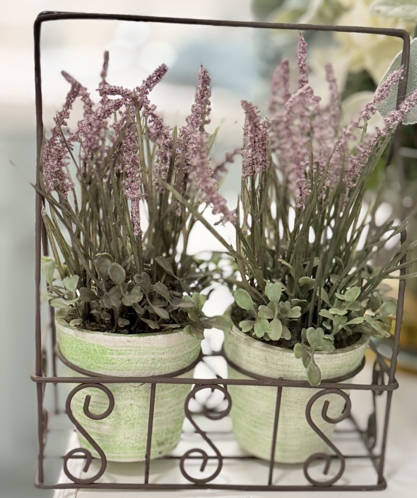 Farmhouse 9” Lavender Plants With Greenery In Pots With Rustic Metal Stand