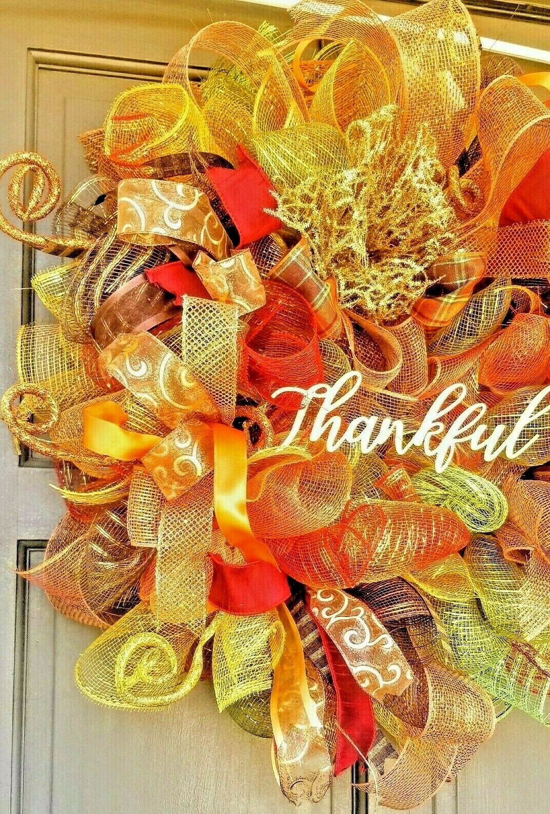 Large 24″ Handmade Fall Autumn Welcome Wreath Gold Deco Mesh Front Door Decor