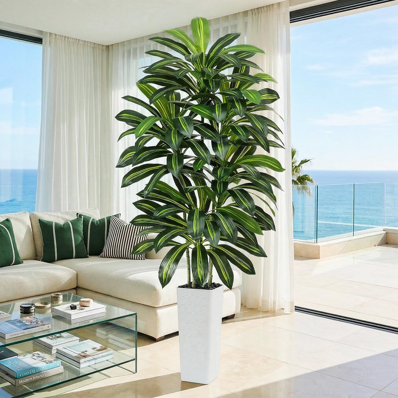 Artificial Dracaena Tree – 7FT Tall Fake Plants with White Tall Planter – Art…