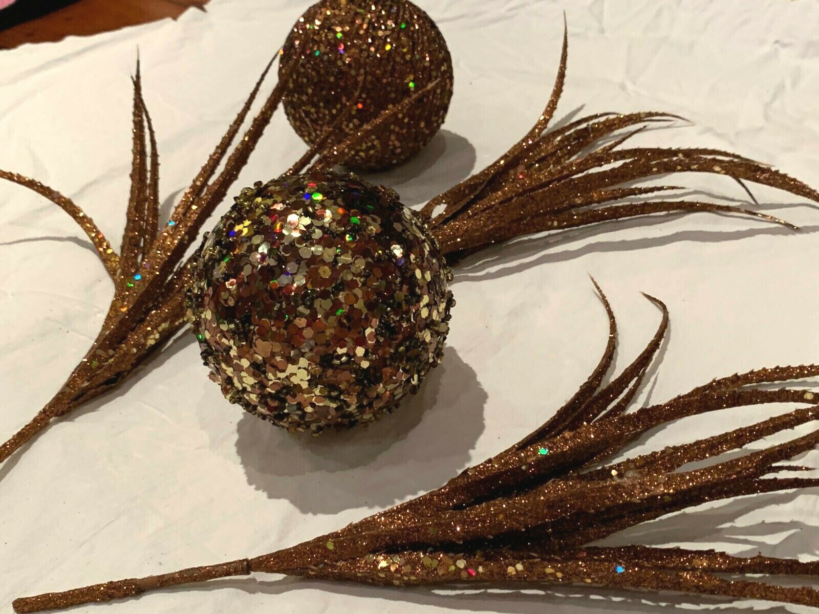 Bronze Gold Swag 2 Orbs 3 Feather Floral Picks Balls Sparkle Holiday Decorating