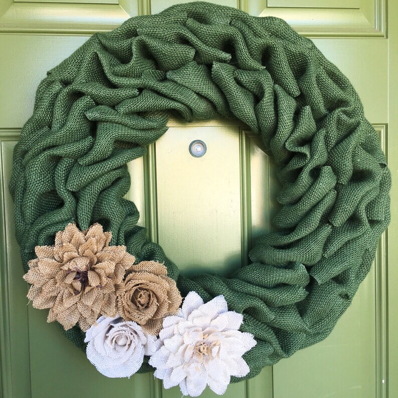 14″ Forest Green Farmhouse Burlap Wreath HANDMADE