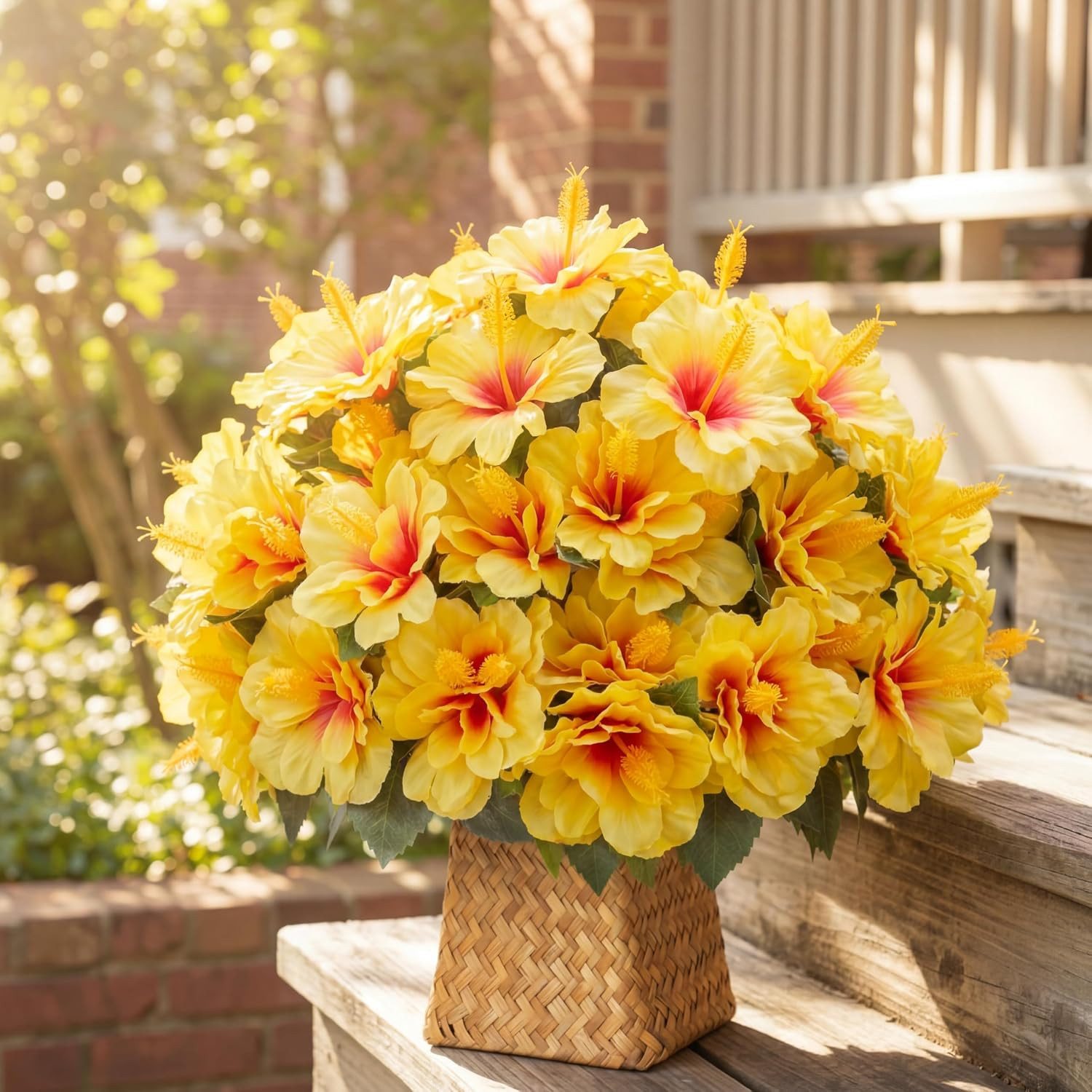 12 Bundles UV Resistant Yellow Artificial Hibiscus Flowers for Outdoor Decor