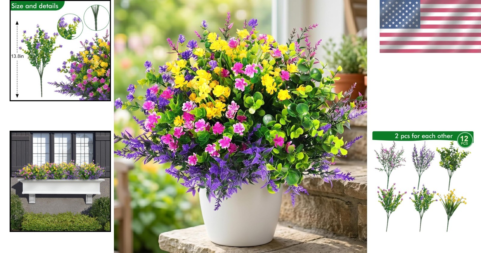 Realistic 12 Pcs Faux Flowers – Fuchsia, Purple, Yellow, Green for All Seasons