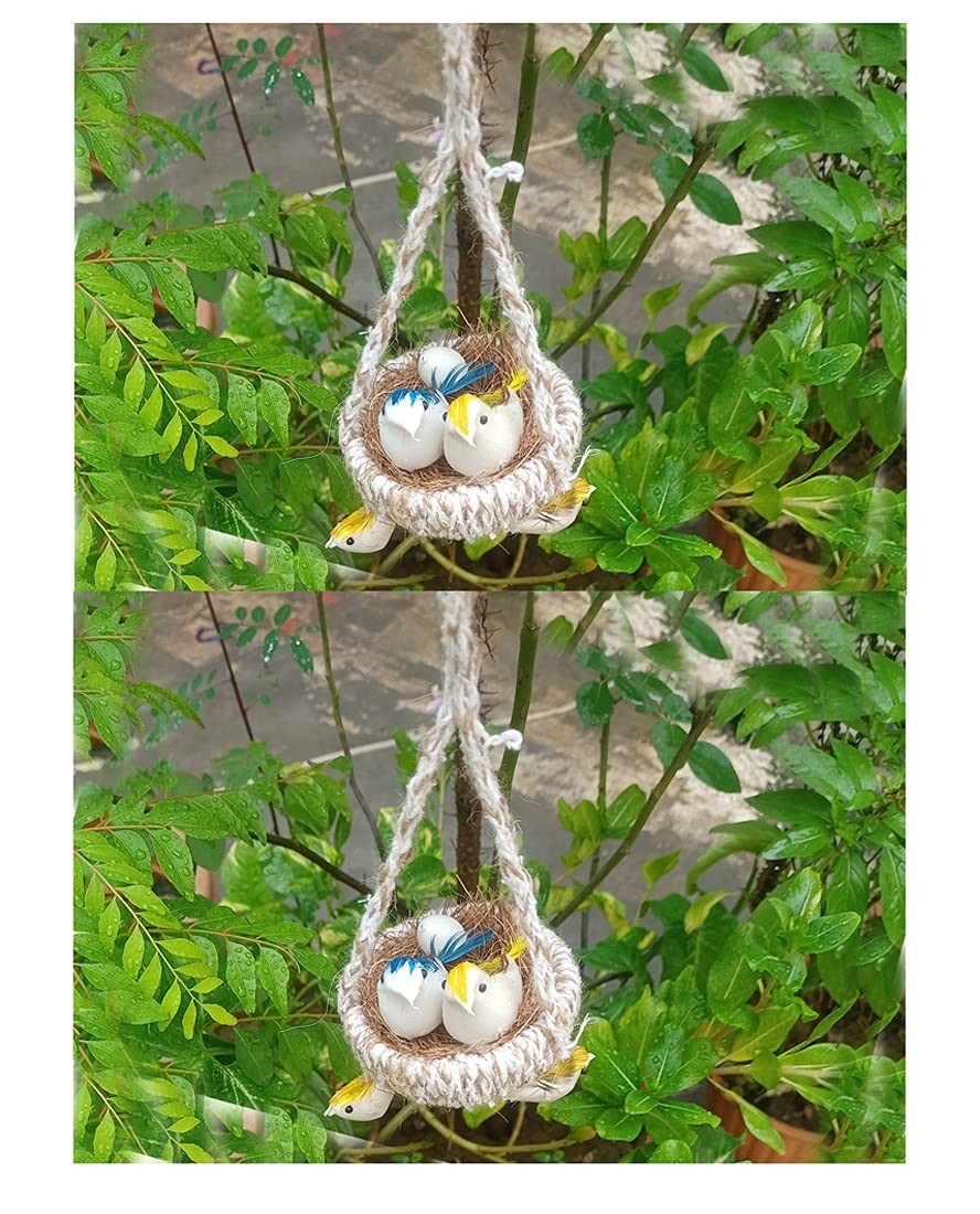 2 pcs Artificial Jute Hanging Birds with Hanging Nest Jhumar Showpiece for Home