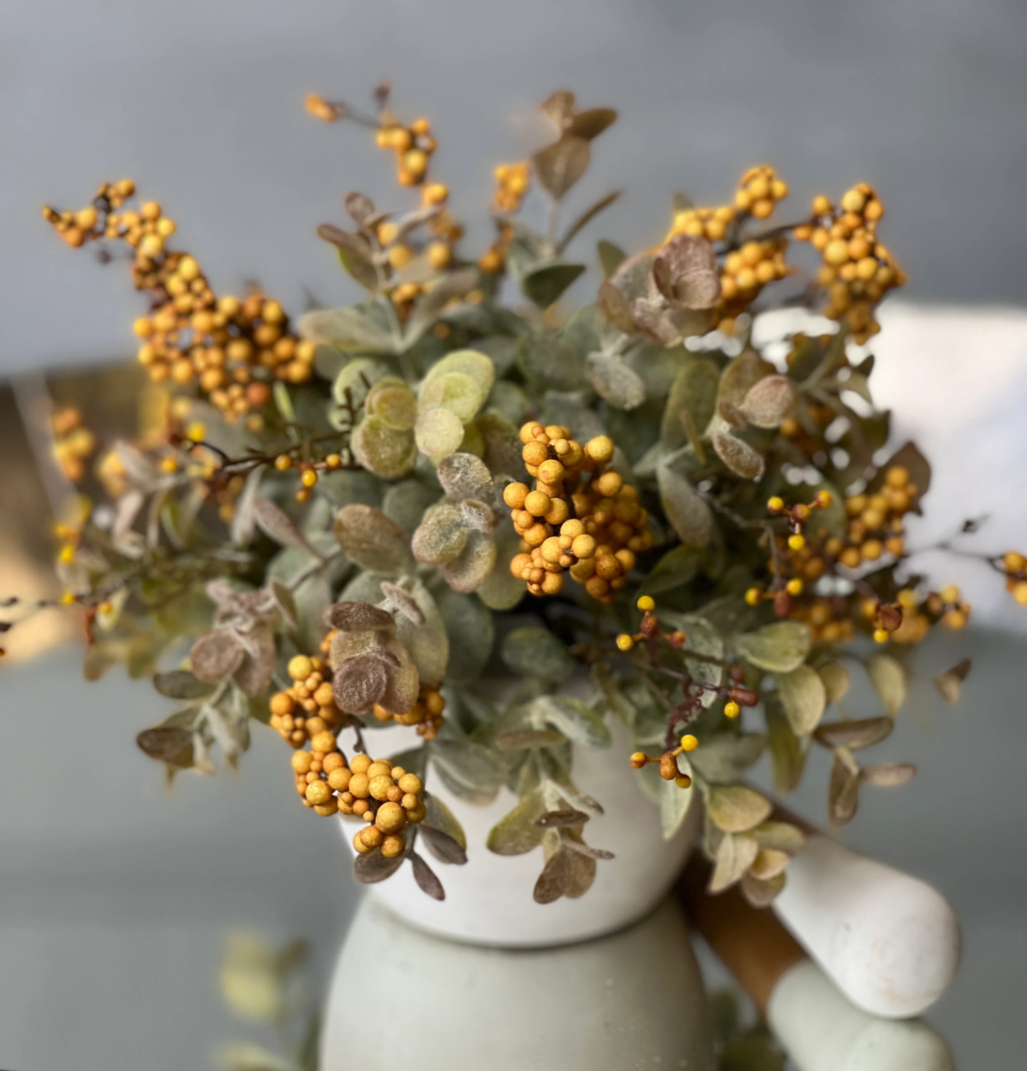 10″ Mustard Pebble Creek Eucalyptus Floral Half Sphere