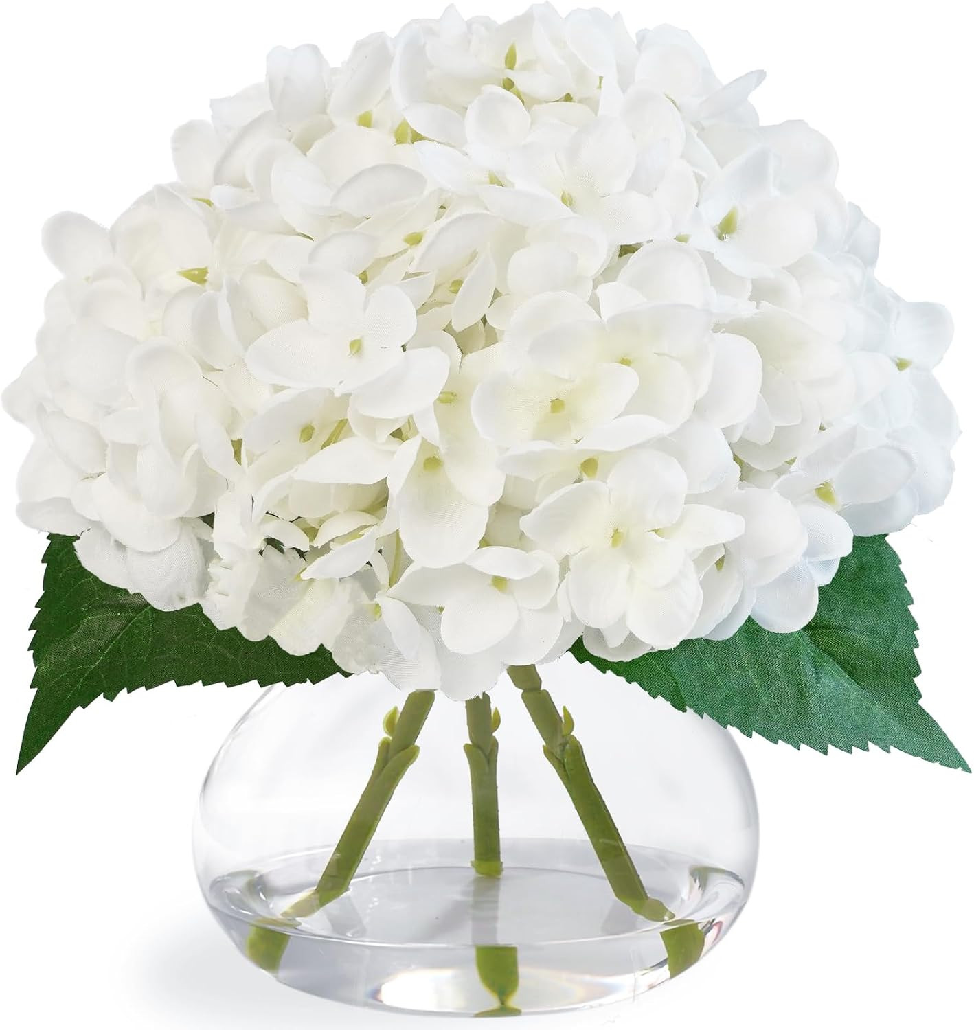 Hydrangea Artificial Flowers in Glass Vase, White Silk Fake Flowers Silk Centerp