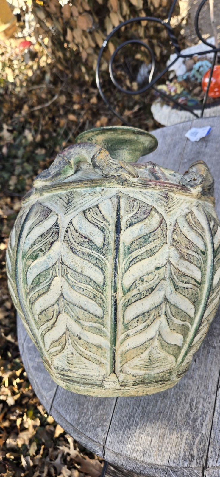 Rustic Urn Vase Earthenware Pottery Botanical Leaf Handles 12″T Brownish Green