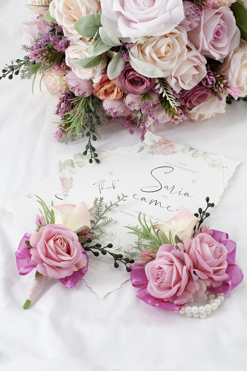 Soft Rose Pink Corsage and Boutonniere Set for Wedding Prom, Artificial Calla Li