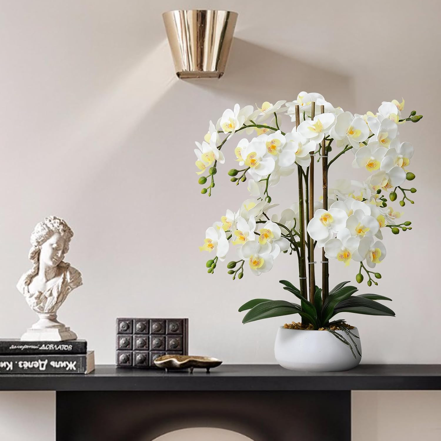 Realistic White Orchid Arrangement in Ceramic Pot for Home Decor