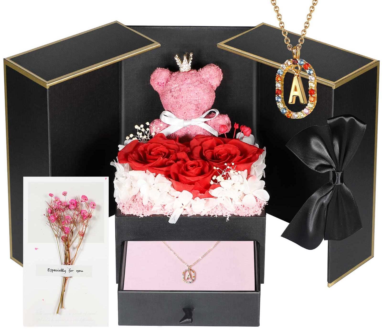 Cute Preserved Real Roses Bear Gift Box for Red and Pink