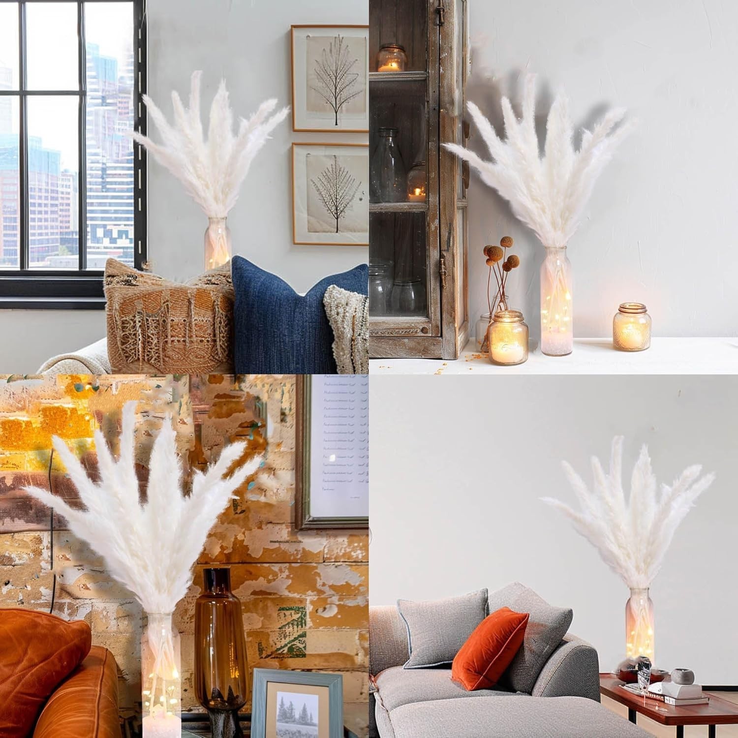 Versatile Pampas Grass Decor with LED Lights & Glass Vase for Stunning Homes