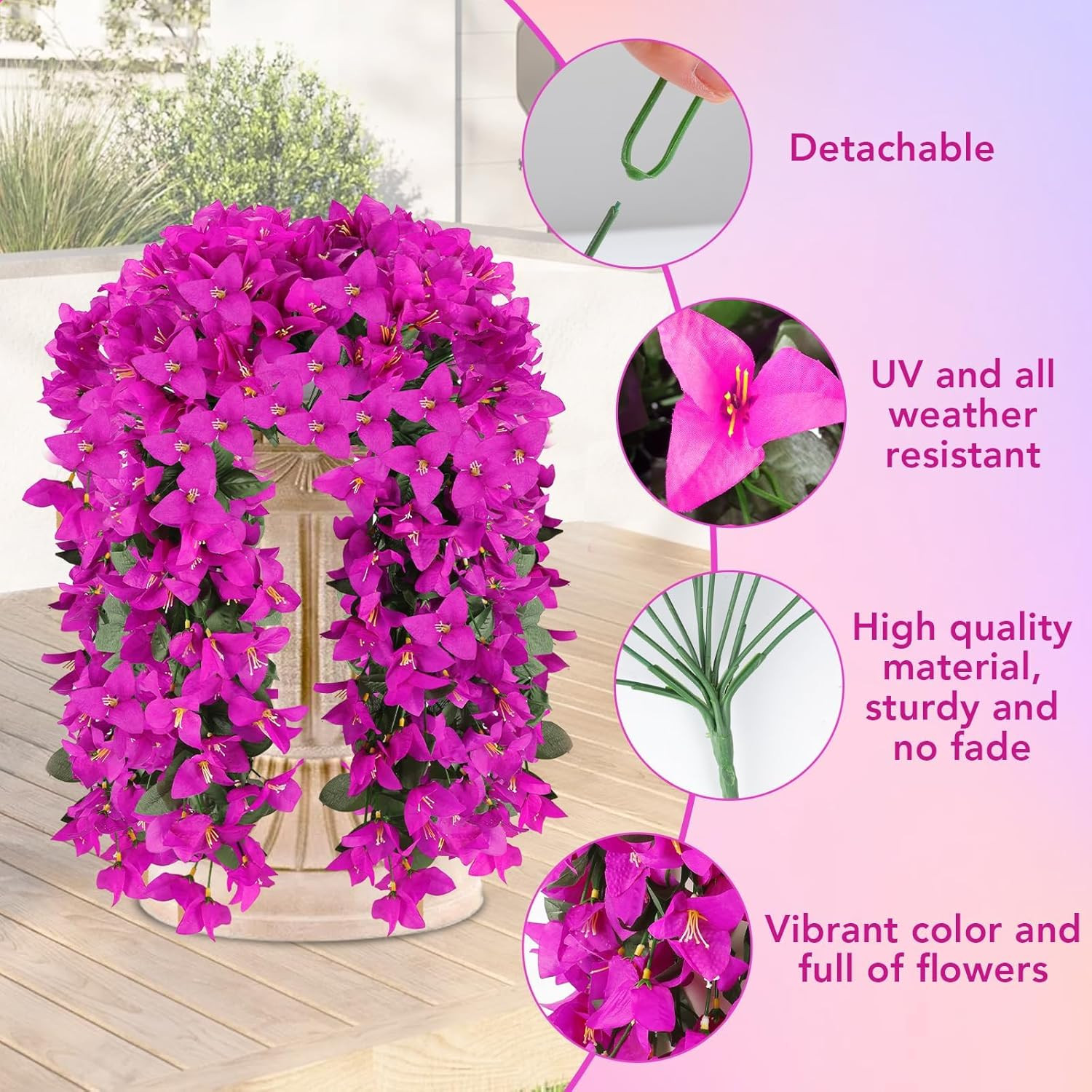 Fuchsia Artificial Bougainvillea Flowers – 12 Pcs UV Resistant Hanging Vines