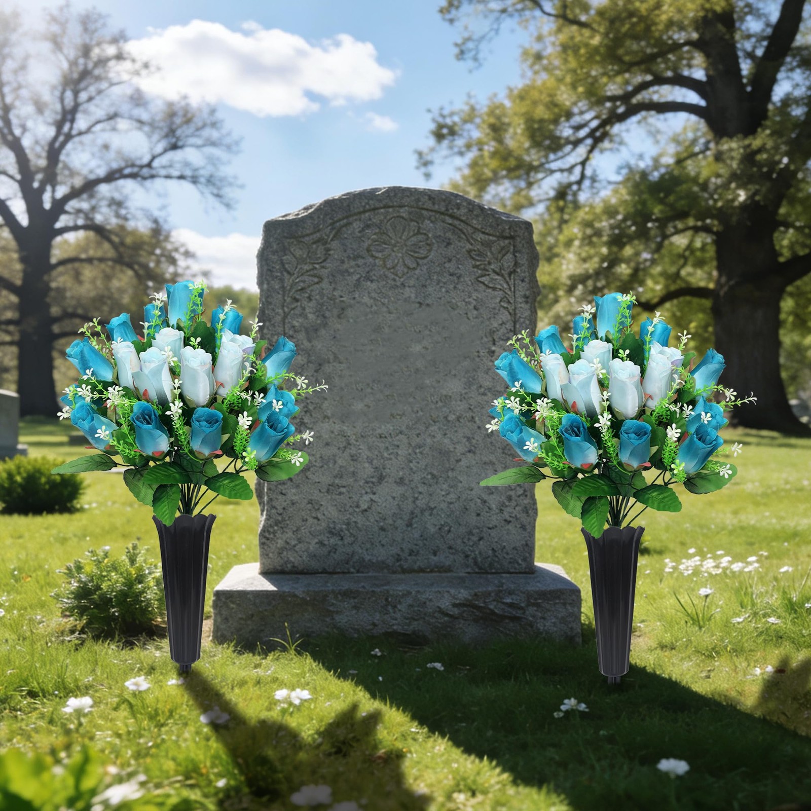 2 PCS Artificial Cemetery Flowers Deep Blue White Memorial Bouquet Vase Spike