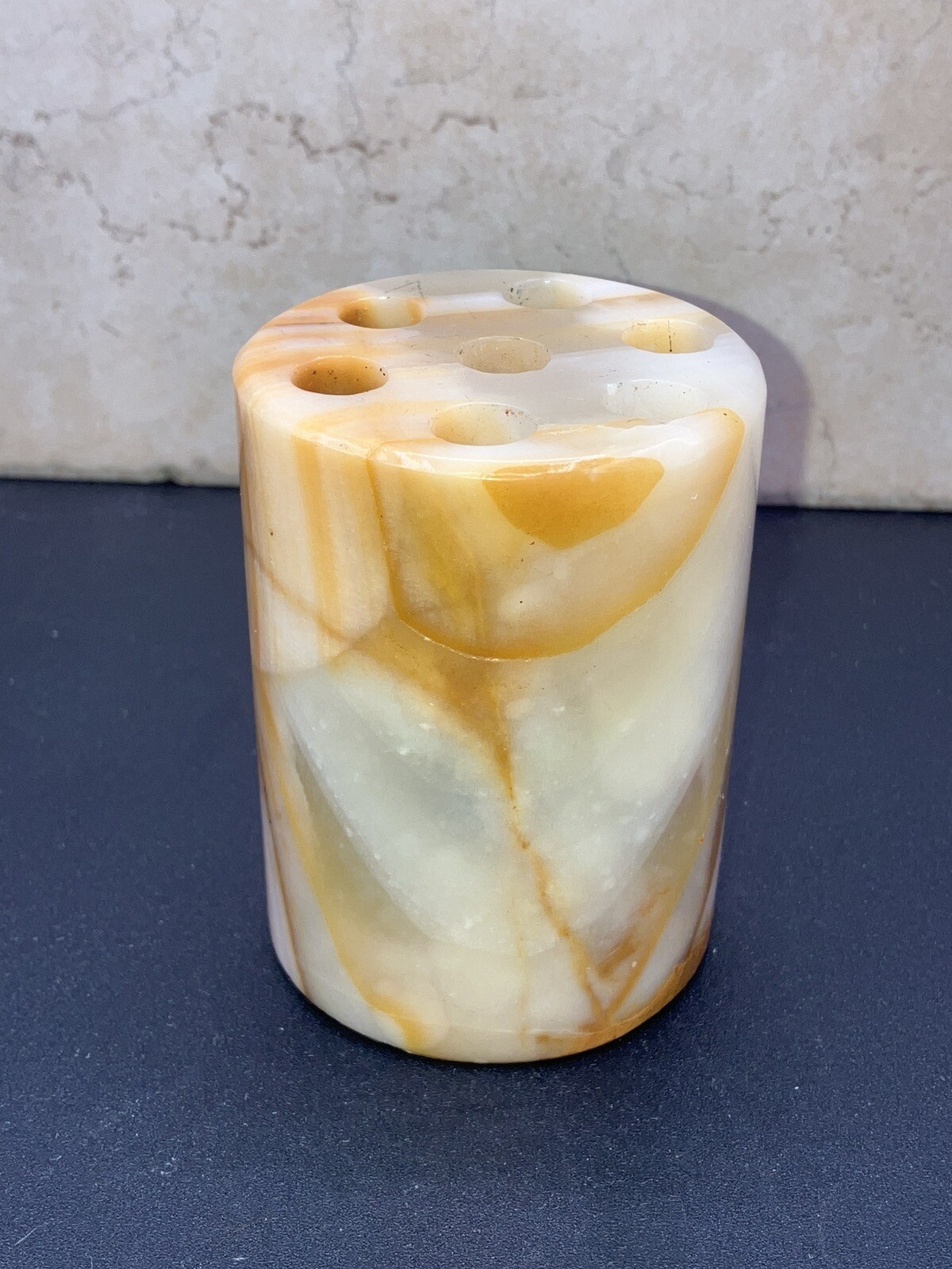 Vintage Variegated Earth Toned Onyx Marble 3.25″, 7 Hole Flower Frog Italy