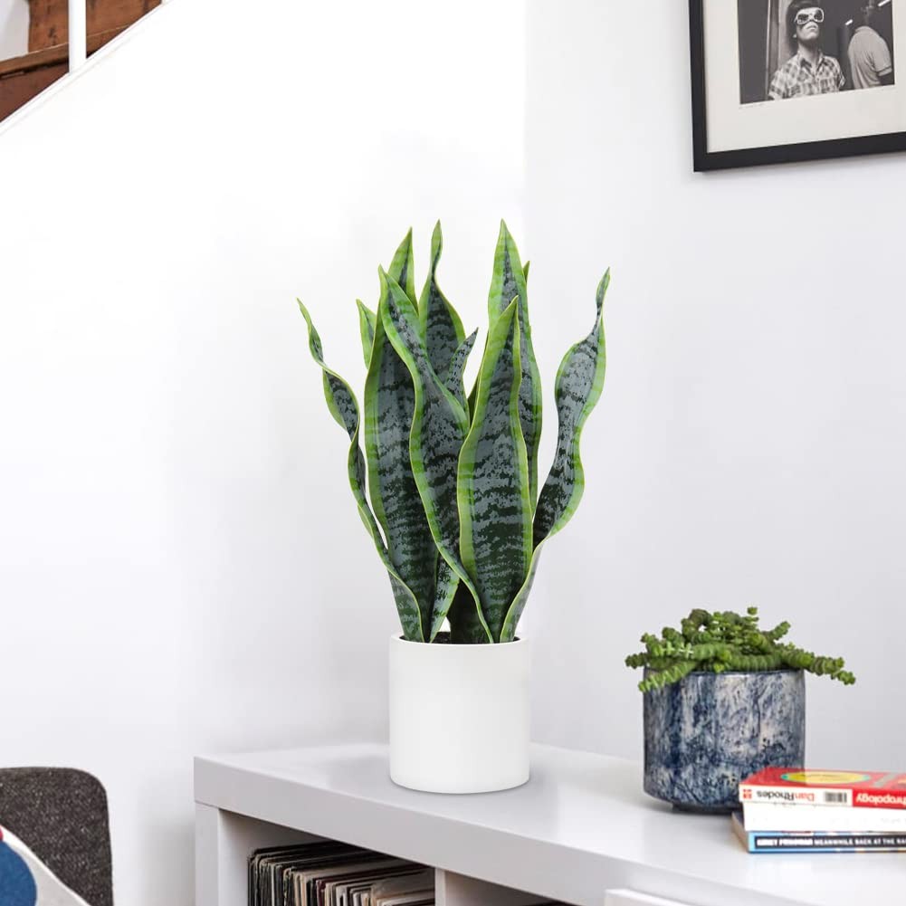 Briful Fake Snake Plant 16″ Faux Potted Plant Artificial Snake Plant with Whi…